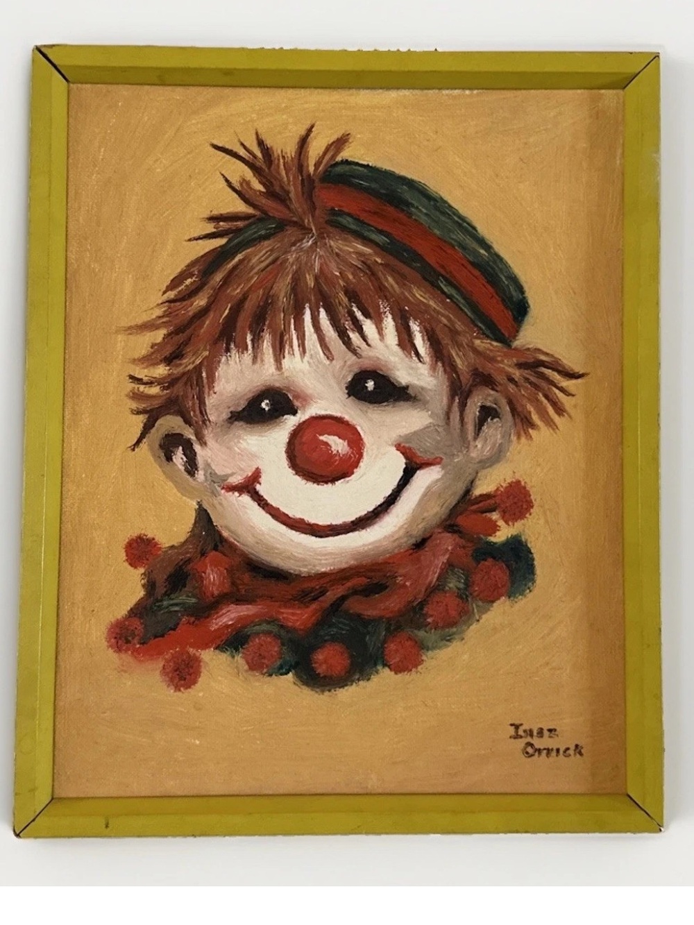 Vintage ORIGINAL Oil on Board Clown MCM Signed Inez Orrick 9x11